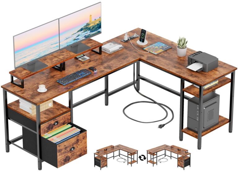 Furologee 66” L Shaped Desk with Power Outlet, Reversible Home Office Desk with File Drawer, 2 Monitor Stands, Storage Shelves, Corner Computer Table for Gaming, Writing, Rustic Brown Rustic Brown 66 Inch